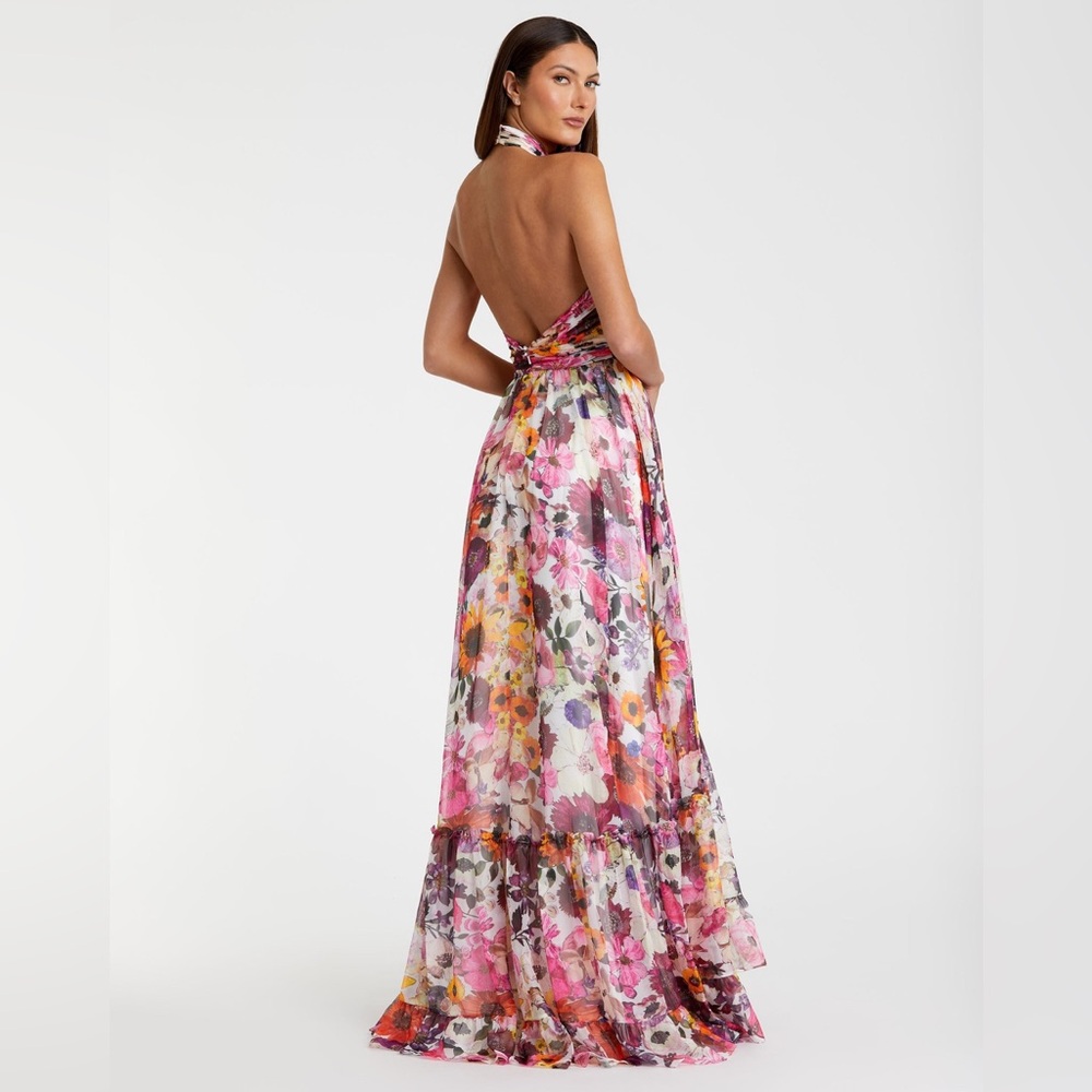 Mac Duggal Multicolor Asymmetrical Ruffled Halter Floral Gown - Picture 2 of 8